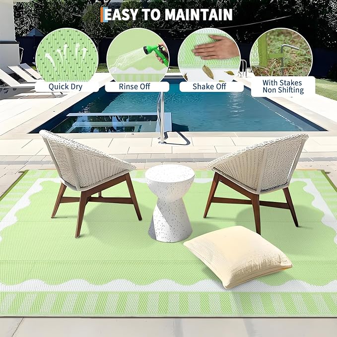 Garvee 9x12 Outdoor Rug, Scalloped Border Waterproof Camping Rugs for Outside Your RV, Modern Foldable Plastic Straw Rug, Reversible UV Resistant Mats for Backyard Deck Porch Camper, Light Green
