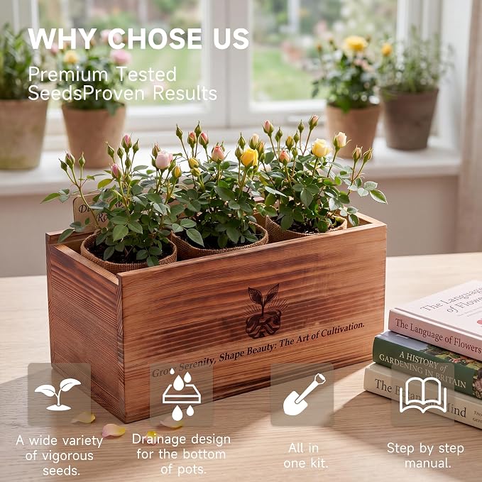 Flower Growing Kits, Windowsill Plant Starter Kit, Indoor Garden Starter Kit with Seed(Rose), Plant Gifts for Women, Mom Gifts