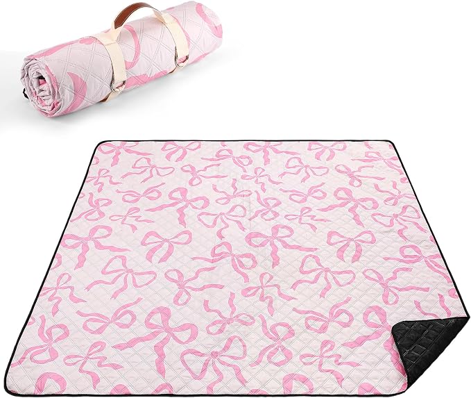 SmoothNovelty Pink Bow Picnic Blanket 80'' x 80'' Waterproof Extra Large Camping Blanket Coquette Picnic Mat Foldable Portable Preppy Outdoor Beach Mat with Carry Strap for Outdoor Grass Lawn Park