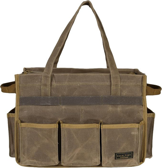 Canvas Tool Tote Bag, Heavy Duty 16oz Waxed Canvas Tool Pouch with Metal Zipper & 12-Pocket | Multi-Purpose Garden Tool Storage Carrier for Gardener Craftsman Contractor | Brownish Grey