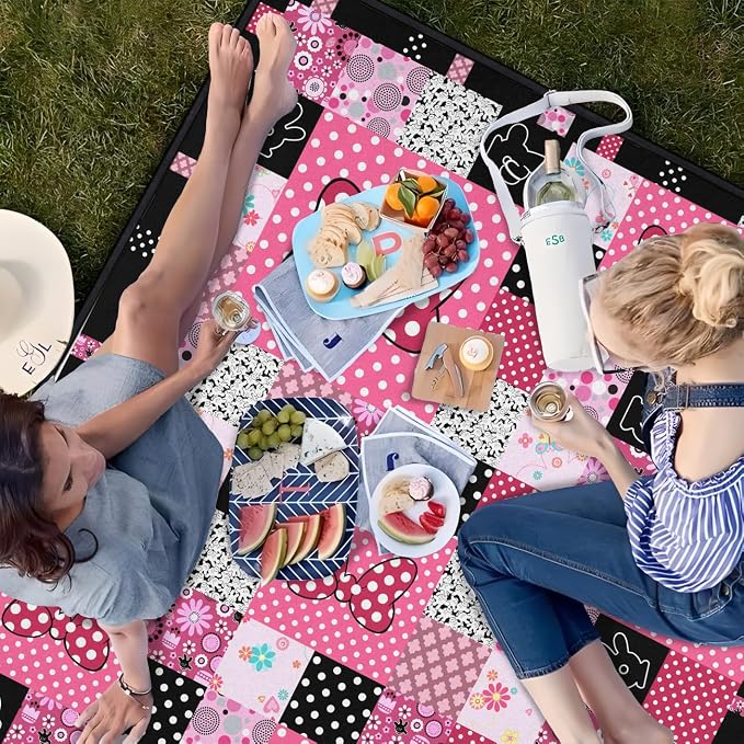 Pink Picnic Blankets Waterproof Foldable, 60″X80″ Checkered Thick Picnic Mat Outdoor Blanket for Grass, Cute Beach Blanket Sandproof Picnic Accessories for Camping Party Park Girls Gifts
