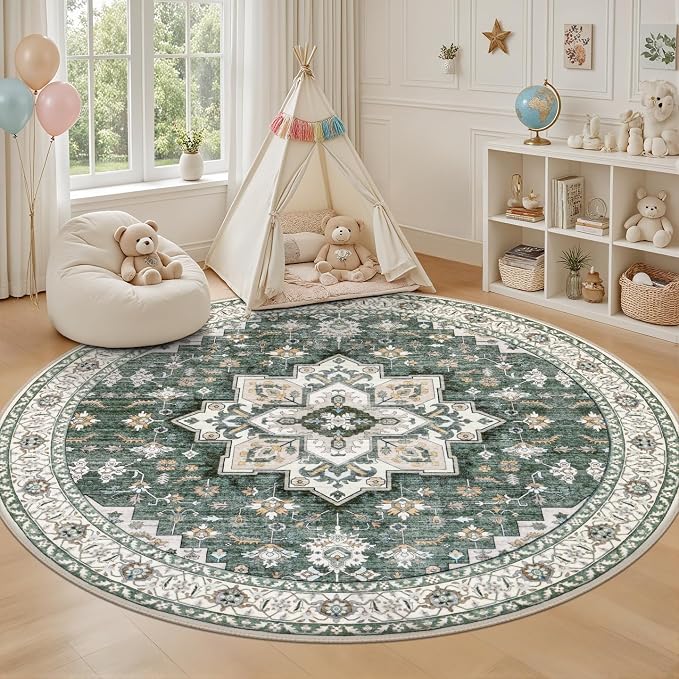 Round Area Rug for Living Room: 6ft Boho Washable Rug Green Ivory | Vintage Boho Soft Round Rug Indoor Floor No Slip Carpet Stain Resistant Rugs for Bedroom Dining Room Nursery Home Office
