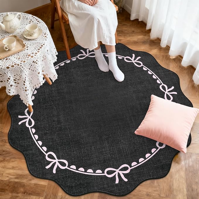 GarveeHome 5ft Round Rugs Washable Scalloped Bow Rug for Bedroom Black Pink | Non Slip Soft Low Pile Ultra-Thin Stain Resistant Indoor Carpet for Living Room Nursery Girls Dorm Decor Kids Room Playroom