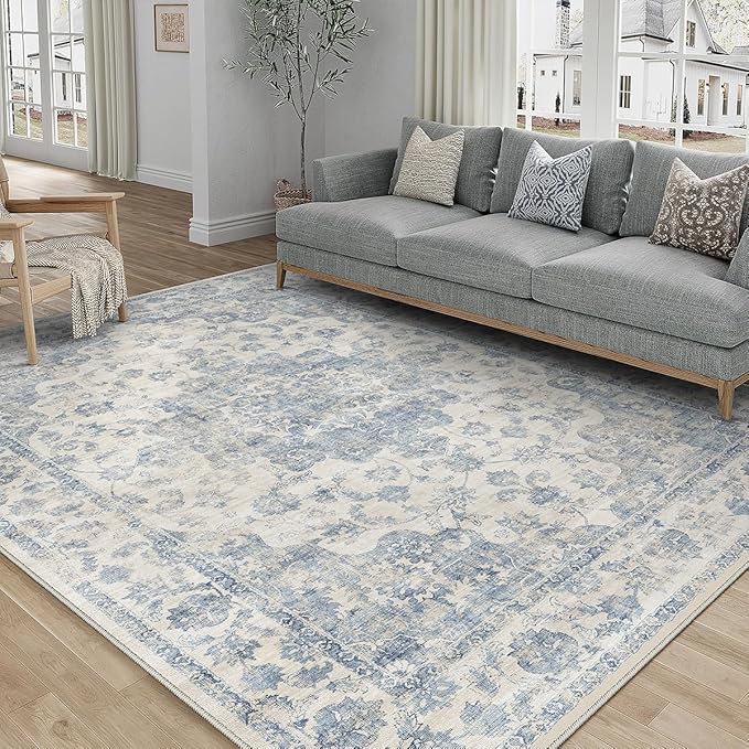 5x7 Blue Neutral Area Rug | Washable, Non Slip, Soft Low Pile, Vintage Farmhouse, for Living Room Bedroom Dining Room Office Indoor Home Decor