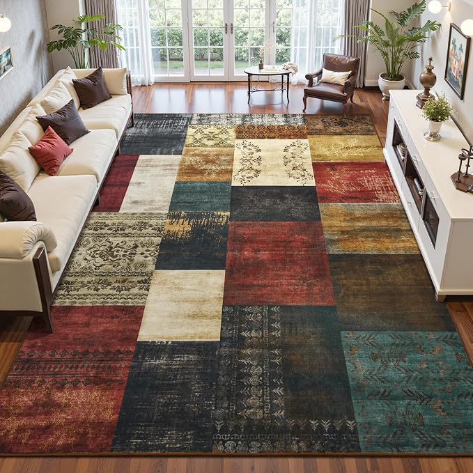 Washable Area Rugs 9x12 for Living Room, Large Modern Geometric Colorful Soft Patchwork Carpet, Non-Slip Stain Resistant Throw Rug for Bedroom Dining Room Office Home Decor