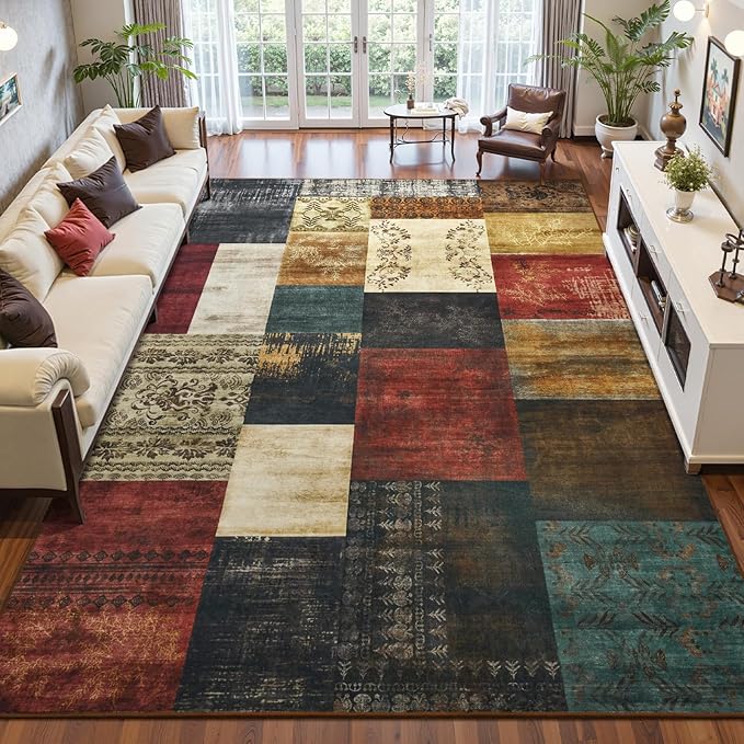 Washable Area Rugs 4x6 for Living Room, Modern Geometric Colorful Soft Patchwork Carpet, Non-Slip Stain Resistant Throw Rug for Bedroom Dining Room Office Home Decor