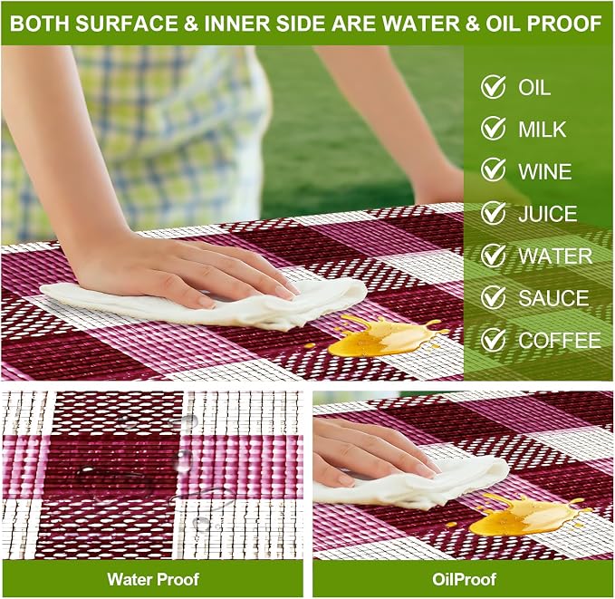 Picnic Table Cover with Bench Covers Set of 3 - Wine Purple Checkered Tablecloth, Elastic Fitted for 6 Ft Tables, Washable Polyester Cover for Camping, Indoor & Outdoor