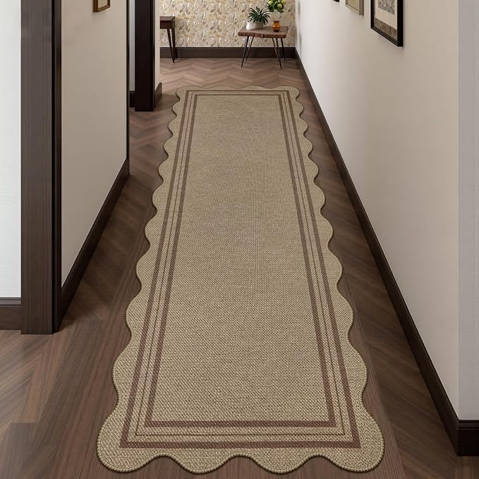Scalloped Easy Jute 2.6x8 Kitchen Runner Rug, Washable Rugs for Entryway Non Slip Outdoor Indoor Long Rug, Farmhouse Morden Carpet for Hallway Bedroom