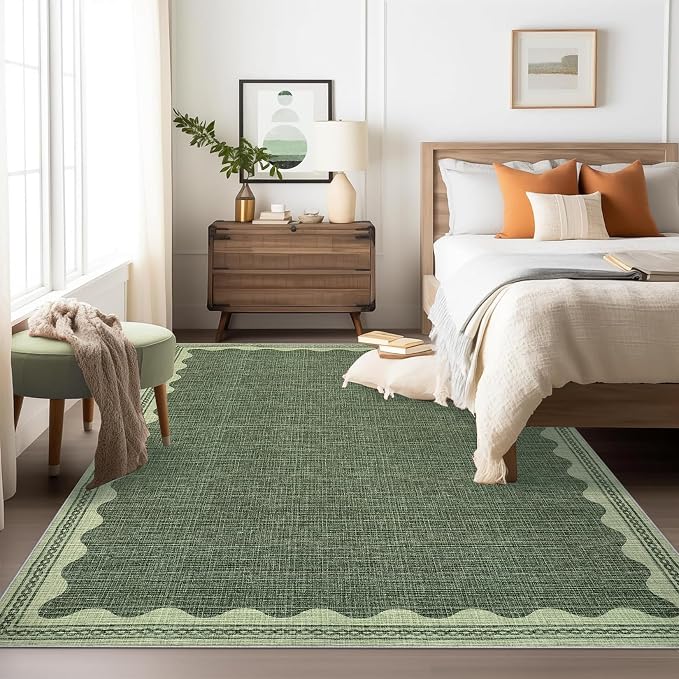 5x7 Scalloped Area Rugs Green Washable Living Room Bedroom Rug | Solid Tan Rug for Bedroom Girls, Non Slip Throw Carpet With Rubber Back, Soft Dorm Nursery Scalloped Rugs for Dining Room