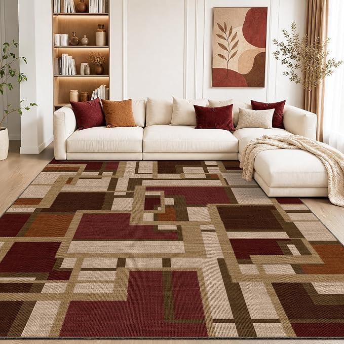 Modern Geometric 8x10 Area Rugs for Living Room, Red Brown Washable Rug | Contemporary Patchwork Blocks Non-Slip Indoor Carpet for Bedroom Dining Room Office | Abstract Soft Low-Pile Large Rug
