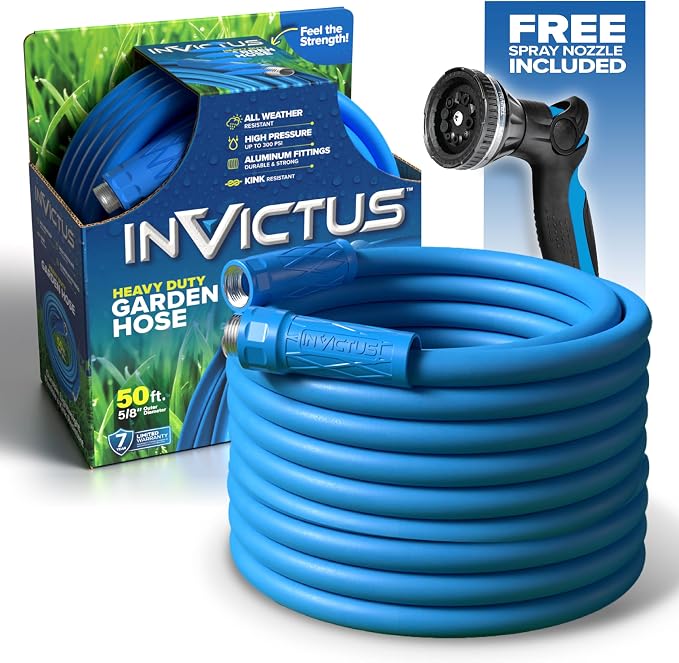 INVICTUS Garden Hose 50Ft x 5/8 in. Sprayer Nozzle Included, 2-Layer Heavy Duty Drinking RV Water Hose 50 Ft, Flexible, Lightweight, NON Expandable, Kink Resistant, Easy Connect Fittings