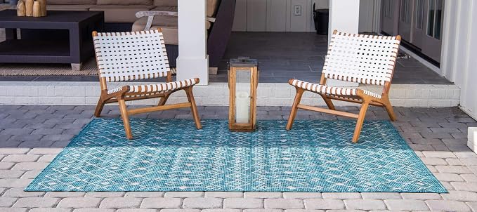 Unique Loom Outdoor Trellis Collection Area Rug - Tribal Trellis (8' x 11' 4" Rectangle, Teal/ Ivory)