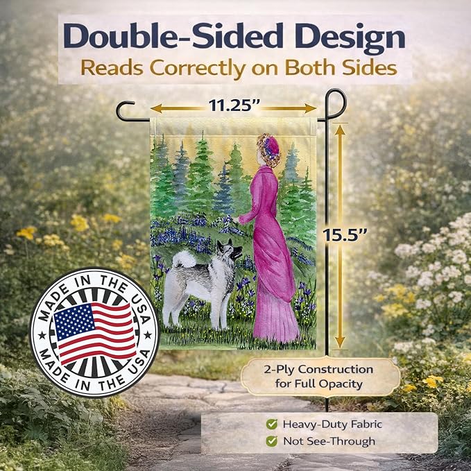 Caroline's Treasures SS8154GF Lady with her Norwegian Elkhound Garden Flag Mailbox Flag Decorative Yard Flag Banner Outside Patio Artwork Yard Flower Beds, Garden Size, Multicolor