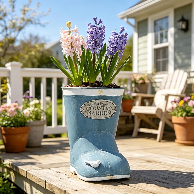 Vintage Blue Rain Boot Planter, Country Garden Metal Boot Flower Pot, Rustic Farmhouse Decorative Planter for Indoor Outdoor Succulents, Herbs, Garden & Porch Decor