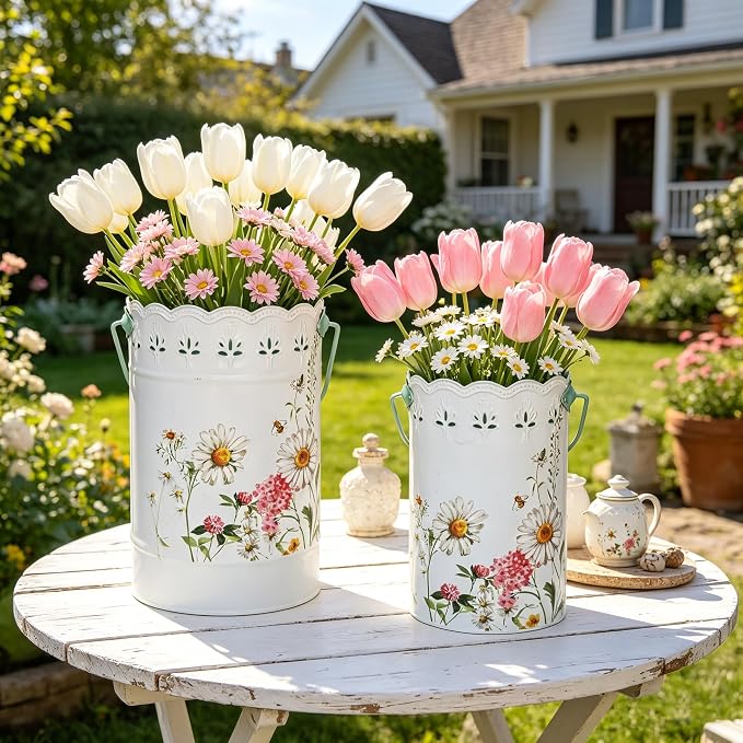 Set of 2 Rustic White Metal Flower Pots, Decorative Floral Buckets Farmhouse Iron Vases Planters for Dried Flowers, Faux Plants, Home Garden Decor