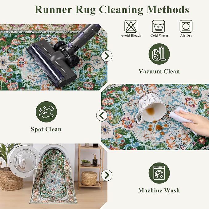 U'Artlines 2'x7' Boho Hallway Runner Rug Non Slip Washable Runners,Green | Vintage Farmhouse Kitchen Rug Accent Area Carpet for Entryway Laundry and Living Room