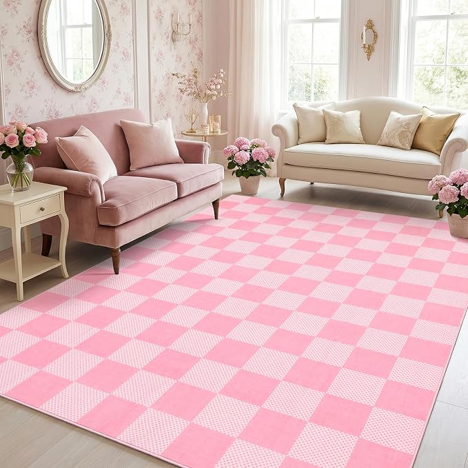 GarveeHome Checkered Pink 2x3 Washable Girls Rug Low-Pile Small Door Mat | Pink and White Area Rug for Entryway Hallway Kitchen Bathroom Stain Resistant Low-Pile Non-Slip Soft Rugs TPE Backing