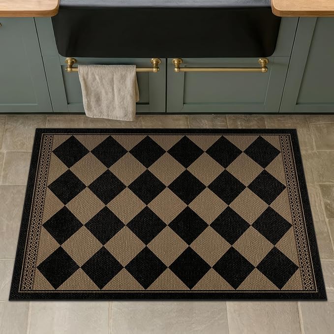 2x3 Elegant Farmhouse Checkered Kitchen Rug, Easy Jute Style Front Door Mat, Non-Slip Washable Soft Area Rug, Non-Shedding Low Pile Carpet for Entryway, Kitchen Sink, Porch & Doorway, Brown & Black