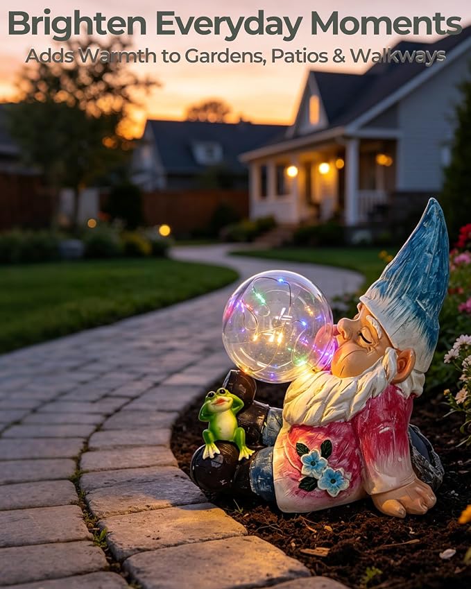 Solar Garden Gnome Statue with Colorful Glowing Bubble Light | Waterproof Resin Garden Statue, Outdoor Garden Decor for Patio, Yard, Lawn & Pathway, LED Figurine Light, 7.6 Inch