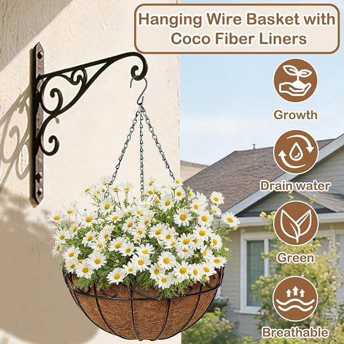 4 Pack 14 inch Metal Hanging Baskets for Plants, Round Metal Wire Hanging Basket Planter with Coco Fiber Liners Chain for Garden Home Porch Patio, Flower Border