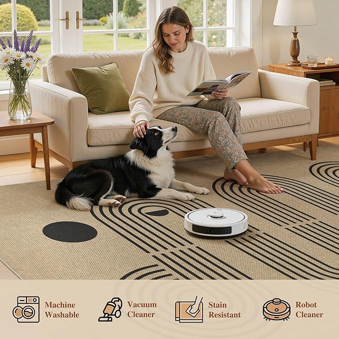 UERMEI 5x7 Outdoor Jute Area Rug Patio Neutral Washable Geometric Brown | Easy Non Slip Pet Friendly Indoor Farmhouse Carpet for Living Room Bedroom Dining Backyard