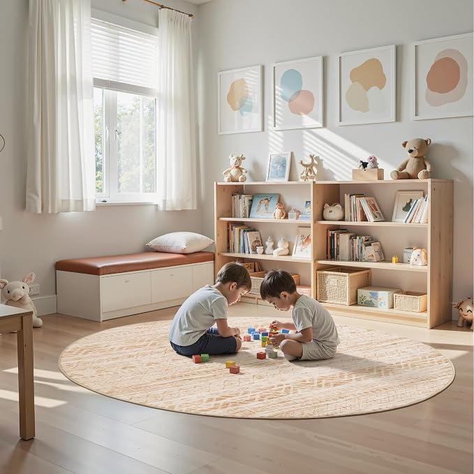 Miukiki Round Rugs 6ft for Living Room Moroccan Washable Circle Rug Beige | Non Slip Indoor Floor Carpet Foldable Area Rug for Dining Room with Low Pile 6ft