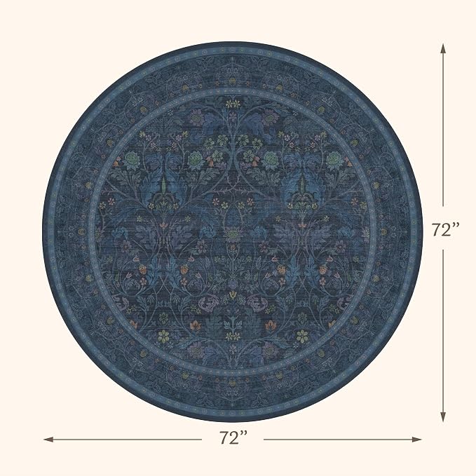 Washable 6ft Round Living Room Rug, Thin Circle Rug for Dining Room Under Table Non Slip, Floral Carpet Boho Décor Bedroom (Dark Blue)