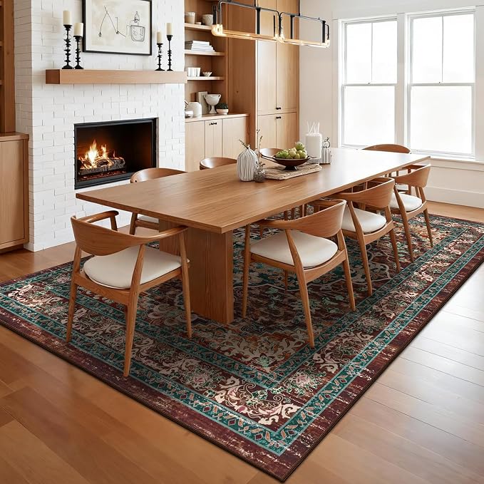 U'Artlines Boho Vintage Area Rug 5x7 Machine Washable Carpet, Rust＆Teal | Low Pile, Non Slip, Ultra-Thin Soft Floor Carpet, Accent Rug for Living Room Bedroom Entryway Dining Room Office