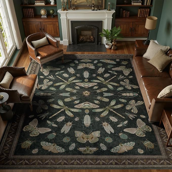DCX 8x10 Washable Bug Rug for Living Room, Soft Low Pile Rug, Black | Easy to clean, non-shedding, soft, kid & pet friendly, with a non-slip rubber backing for bedrooms, and nature-themed decor