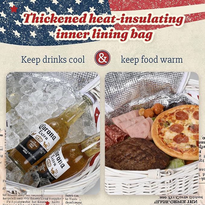 Wicker Picnic Basket with Insulated Lined Bag 15“ x 11” x 7“ Red, White Star Stripe Pattern, Iced Beer Insulated Bag for Camping, Picnics, Birthday Gifts, Wedding Gifts