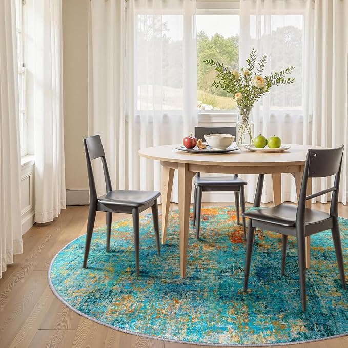 RELEANY Washable Round 6ft Area Rug for Living Room Teal Multi | Carpet for Bedroom, Kitchen, Office, Hallway and Entryway, Printed Pattern, Non‑Slip, Soft, Stain‑Resistant, Easy to Clean