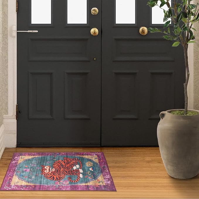 Vintage Tibetan Rug - 2x3, Non-Slip, Washable Rugs for Bathroom, Kitchen, Indoor, Entryway, Oriental, Traditional,Distressed, Tribal, Asian Accent Floor Mat