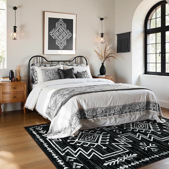 Lahome 5x7 Western Black and White Rugs for Living Room, Washable Aztec Rug | Boho Soft Low Pile Distressed Moroccan Carpet for Bedroom Dining Room Home Decor