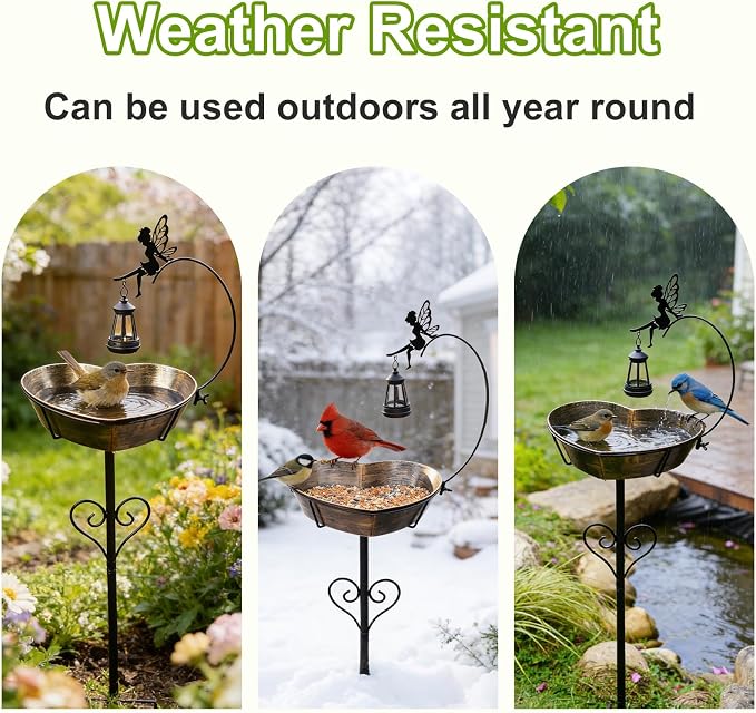 Solar Metal Heart-Shaped Bird Bath for Outdoors, Removable Vintage Freestanding 135 fl oz Bowl with Upgraded 5-Pronged Base & Fairy Lantern, Birdbaths for Garden Yard Lawn Decor Romantic Gifts