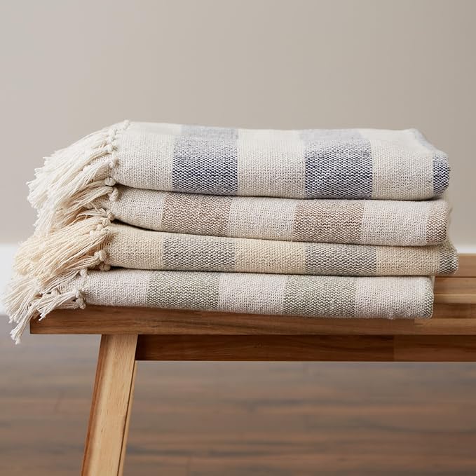DII Rustic Farmhouse Cotton Cabana Striped Blanket Throw with Fringe, 50 x 60 - Cabana Striped Off-White with French Blue