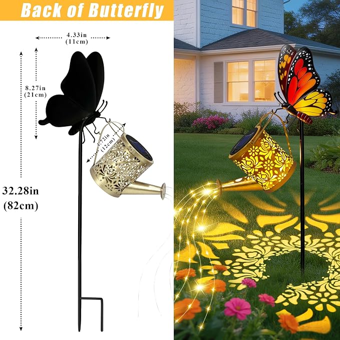 Solar Lights Garden Decor, Waterproof Solar Watering Can with Butterfly Garden Stakes, Outdoor Light with Cascading Lights for Outside Patio Lawn Porch, Birthday Gift for Women Mothers Day