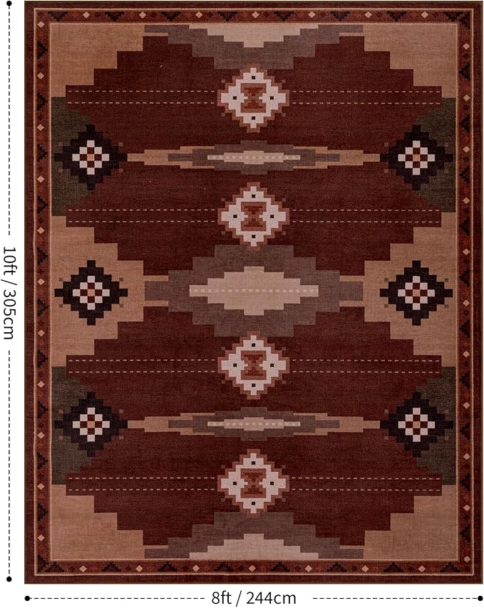 YIHOUSE 8’x10’ Washable Western Red Aztec Area Rug for Living Room | Soft, Non-Slip, Low Pile, Southwestern Retro Navajo Large Rug for Bedroom Dining Room, Red/Brown