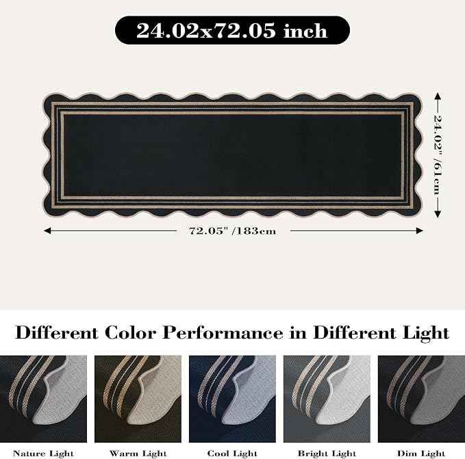 Scalloped 2x6 Kitchen Runner Rug, Washable Rugs for Entryway Non Slip Outdoor Indoor Black Hallway Rug, Farmhouse Morden Carpet for Entry Bedroom Laundry
