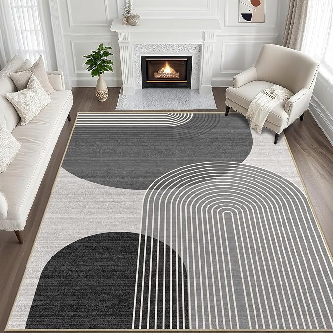 8x10 Large Area Rug for Living Room BohoRug Bohemian Rugs Machine Washable Modern Geometric Rug Non Slip Printed Low Pile Indoor Floor Carpet for Dining Room Bedroom Office,Grey and Black