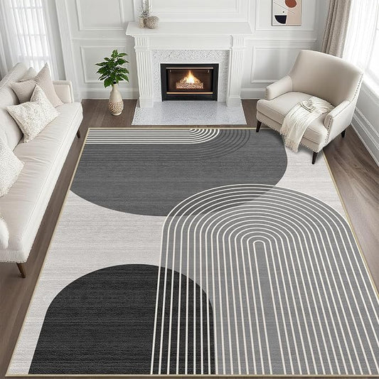 8x10 Large Area Rug for Living Room BohoRug Bohemian Rugs Machine Washable Modern Geometric Rug Non Slip Printed Low Pile Indoor Floor Carpet for Dining Room Bedroom Office,Grey and Black