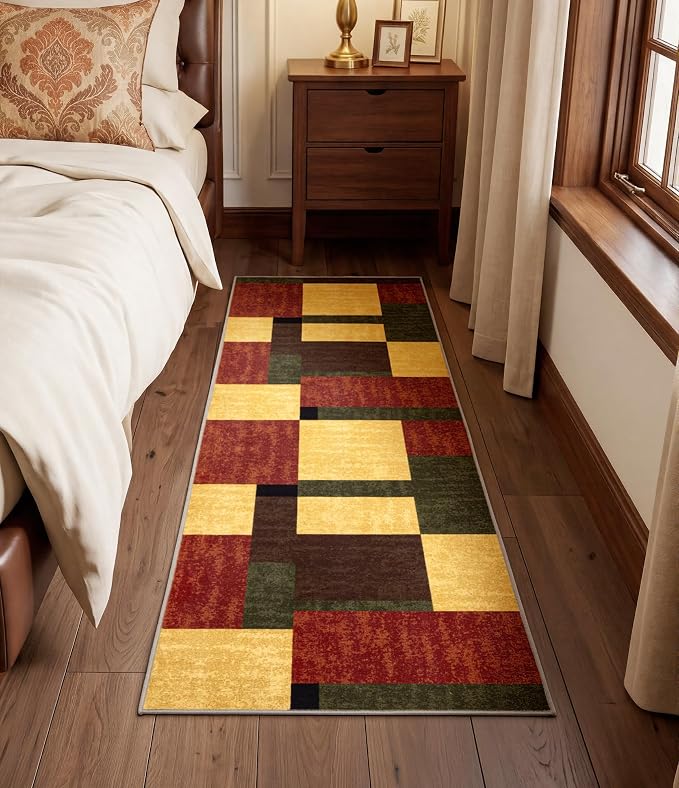 Red and Green Runner Rug 2x6 for Hallway, Burgundy Farmhouse Vintage Rugs Washable,Burnt Orange Area Rug Non Slip,Geometric Boho Area Rug for Kitchen