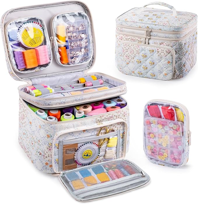 AMOIGEE Double-Layer Sewing Organizer Storage Bag with 2 Detachable Pouches, Large Quilted Sewing Basket for Supplies & Tools, Portable Travel Sewing Kit Case, Gift for Mom(BAG ONLY)