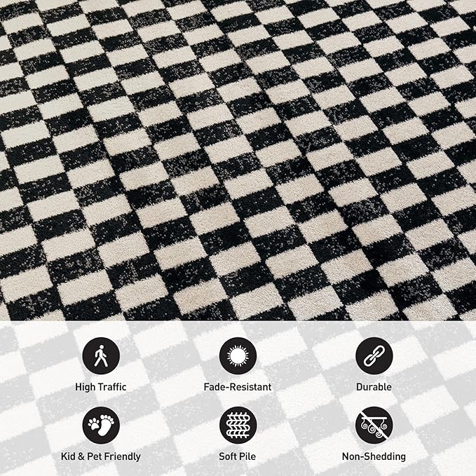 Rugshop Contemporary Checkered Grid Contrast Area Rug Black 7' 10" x 10' | Rectangular, Size 7' 10" x 10', Living Room, Bedroom, Dining Room, Home Office, Kitchen, Entryway, Hallway, Nursery, Bedside