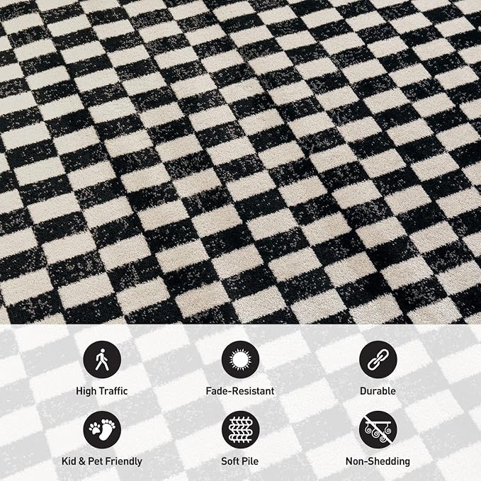 Rugshop Contemporary Checkered Grid Contrast Area Rug Soft Black 4' x 6' | Rectangular, Size 4' x 6', Living Room, Bedroom, Dining Room, Home Office, Kitchen, Entryway, Hallway, Nursery, Kids Room