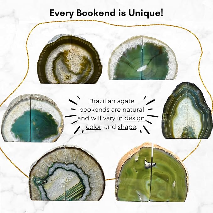 Nature's Decorations Agate Bookends - A+ Quality Green Geode with Non-Skid Rubber Bumpers for Shelves, Office, Home Decor, Heavy Duty Cute Stone (3-4 LB)