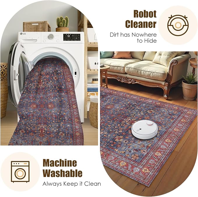 Washable Area Rug 6' x 9' Vintage Traditional Persian Mat - Foldable Distressed Non-Slip Machine Washable Carpet for Living Room Bedroom Kitchen Home Decor - Indigo and Crimson