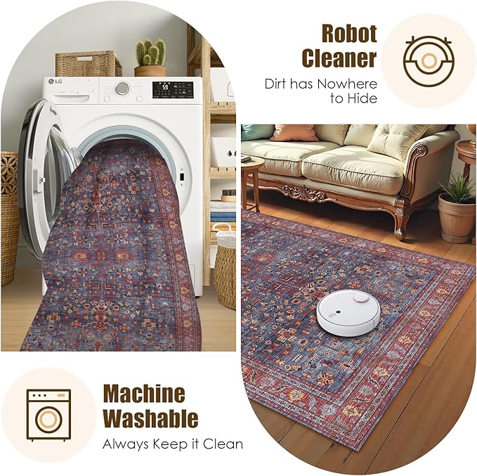 Washable Area Rug 9' x 12' Vintage Traditional Persian Mat - Foldable Distressed Non-Slip Machine Washable Carpet for Living Room Bedroom Kitchen Home Decor - Indigo and Crimson