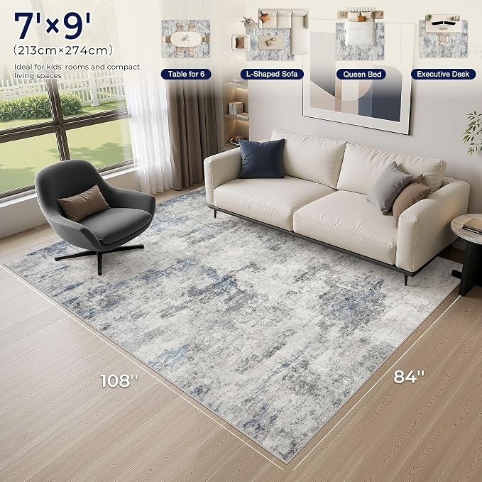 DMOYEST 7x9 Area Rug for Living Room Washable Abstract Indoor Carpet | Neutral Modern Low Pile Rugs Kid & Pet Friendly Large Soft Thin Carpet for Bedroom Dining Room and Office - Grey Blue