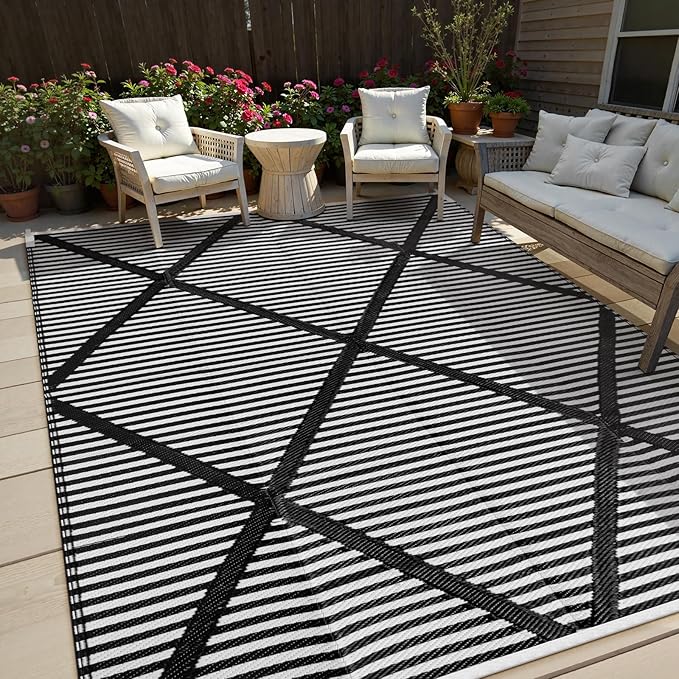 Lahome Outdoor Rug 8x10 Patio Waterproof, Plastic Straw Reversible Rv Rugs for Outside, Large Portable Porch Decor Camping Carpet for Balcony Tent Travel, Black 8'x10'