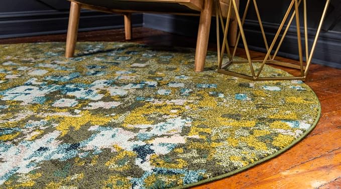 Unique Loom Jardin Collection Colorful, Vibrant, Abstract, Modern Area Rug (8' 0 x 8' 0 Round, Green/ Olive)